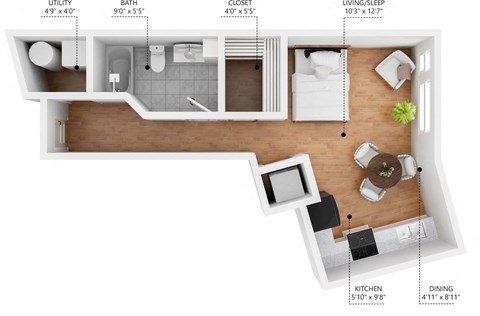 Floor plan for studio, 1 bath, 483 sqft